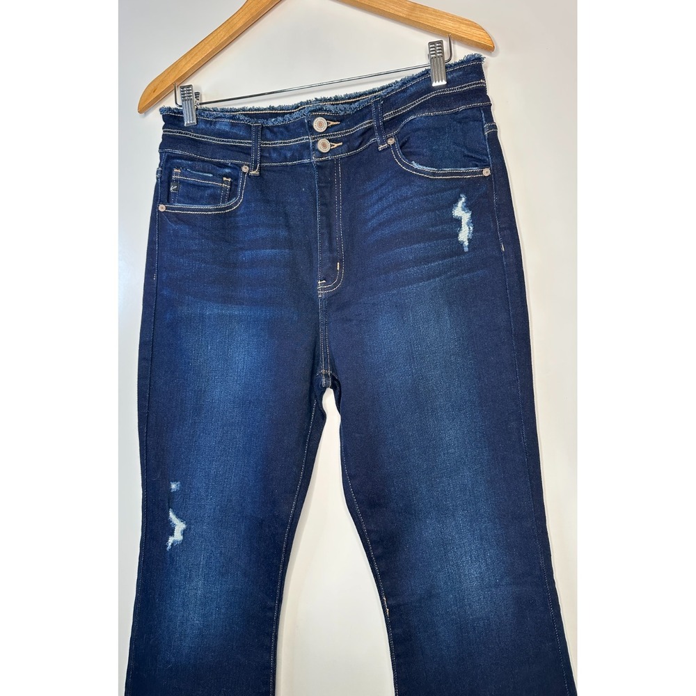 Kancan Gill High Rise Flare Jeans Dark Wash Distressed Raw Hem Size 13 / 30 - Picture 5 of 16